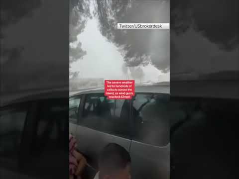 Videos have emerged of extreme wind catapulting items into buildings as powerful storms hit Mallorca