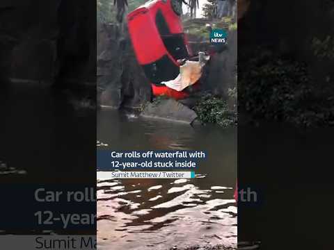 Dad and daughter escape with no serious injuries after car rolls into waterfall #itvnews #india