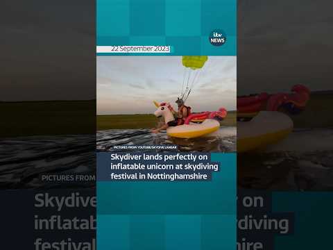 Skydiver lands perfectly on inflatable unicorn at skydiving festival in Nottinghamshire #itvnews