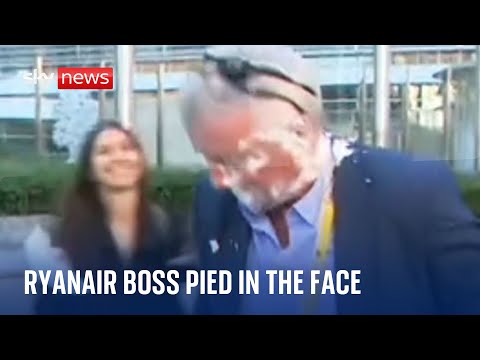 Ryanair boss Michael O’Leary pied in the face by protesters