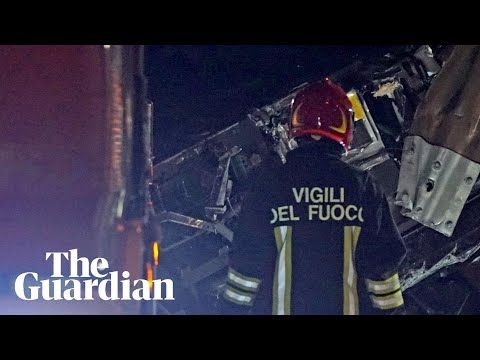 Crews attend fatal crash site after tourist coach veers off overpass near Venice
