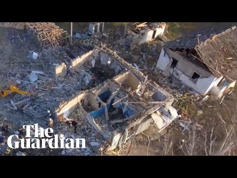 Drone footage shows aftermath of Russian strike on Ukrainian cafe