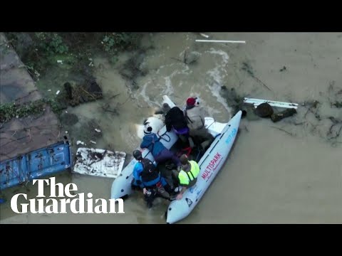 Moment rescuers pull horses from floodwaters caused by Storm Henk
