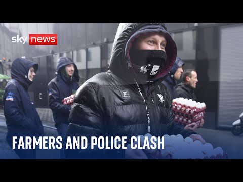 Police sprayed with manure as farmers blockade EU HQ