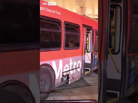 Hijacked bus slams into cars then crashes into hotel