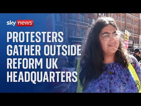 Unity rally protesters gather outside Reform UK’s London headquarters