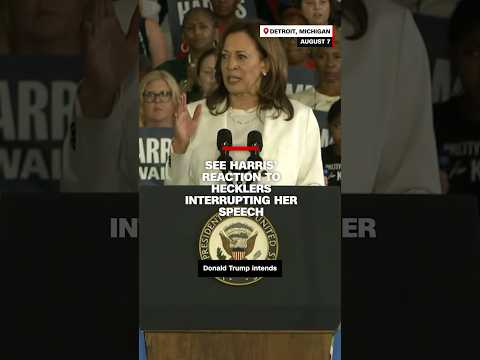 See Harris’ reaction to hecklers interrupting her speech