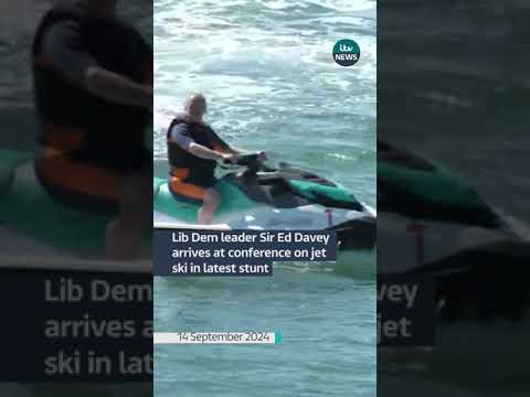Lib Dem leader Sir Ed Davey arrives at conference on jet ski in latest stunt #itvnews
