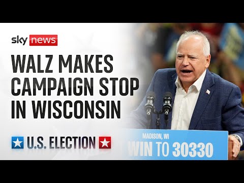 Democratic VP nominee Tim Walz speaks at a rally in Wisconsin
