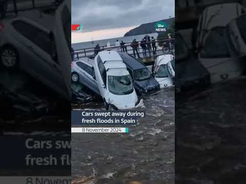 Flooding surged through the Spanish town Cadaqués, sweeping away cars against a bridge #itvnews