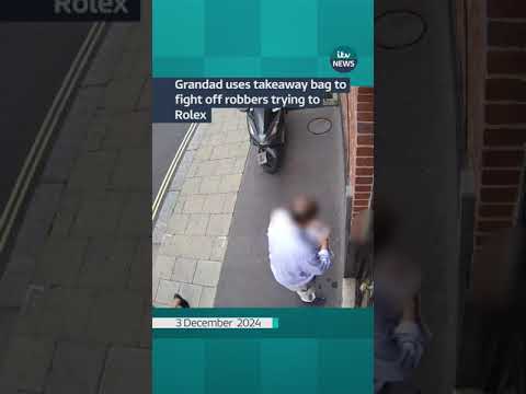 CCTV shows a grandad fighting off robbers with his takeaway bag as they try to steal his Rolex
