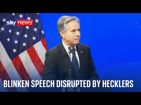 Antony Blinken addresses Middle East tensions before being interrupted by protester – Watch in full