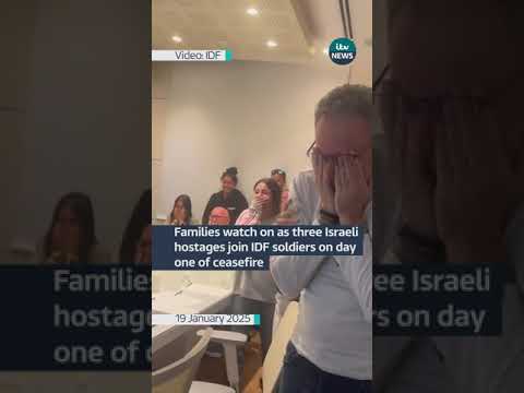 Families watch on as three Israeli hostages join IDF soldiers on day one of ceasefire #itvnews