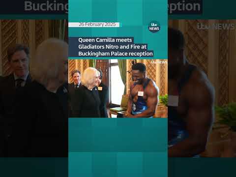 Queen Camilla meets Gladiators Nitro and Fire at Buckingham Palace reception #itvnews #gladiators