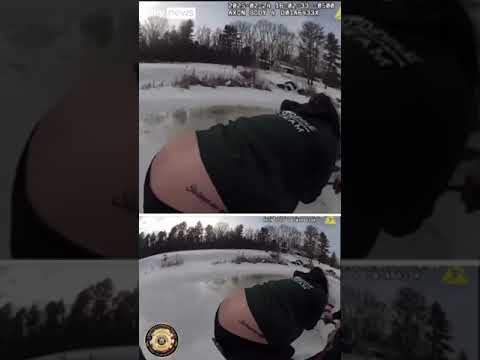 Moment horse rescued after falling through ice