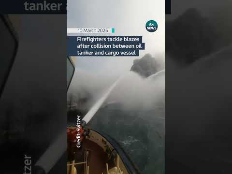 Firefighters tackle blaze in the North Sea following a collision between a tanker and a cargo ship