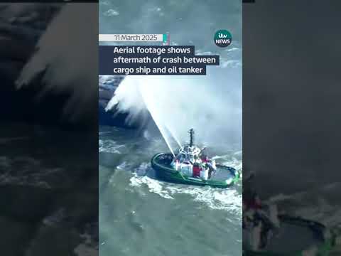 Aerial footage shows aftermath of crash between cargo ship and oil tanker #itvnews