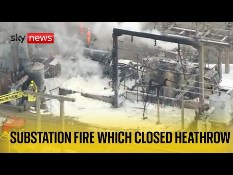 Aerial footage shows Heathrow Airport closure after nearby substation fire