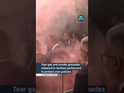 Tear gas and smoke grenades released in Serbian parliament in protest over policies #itvnews