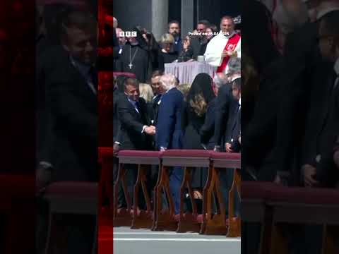 Trump and Macron shake hands, as pope funeral crowds encouraged to do so as sign of peace. #BBCNews