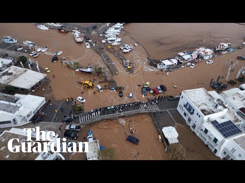Drone footage shows extent of flood damage to Greek island