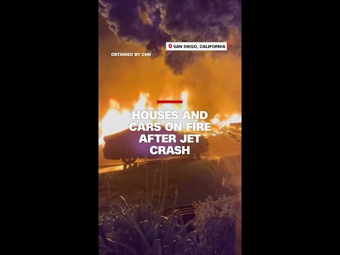 Houses and cars on fire after jet crash