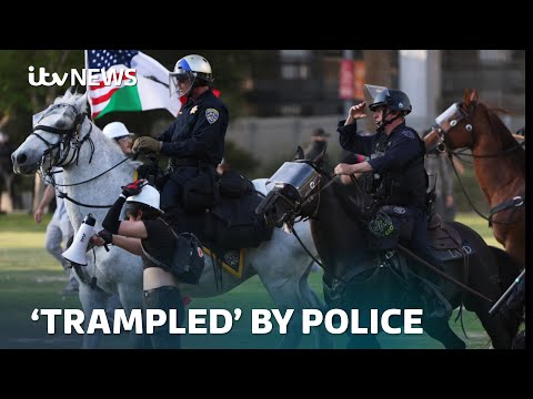 Police on horseback ‘trample’ protesters in Los Angeles moments before downtown curfew | ITV News