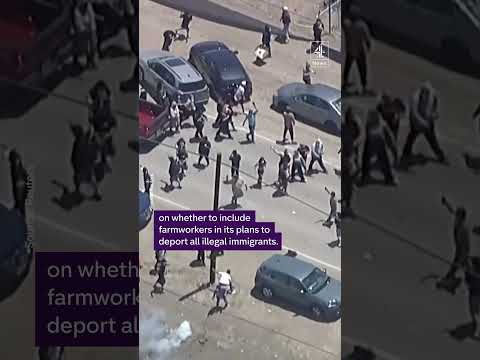 Protestors and US immigration officers clash during raids on farms in California