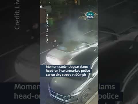 Moment stolen Jaguar slams head-on into unmarked police car on city street at 90mph| ITV News