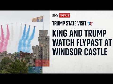 Donald Trump watches Red Arrows flypast with King and Queen at Windsor Castle