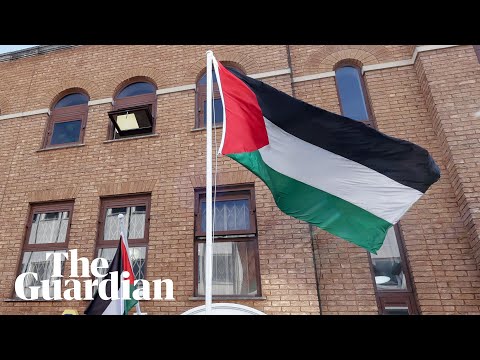 Moment Palestinian flag is raised outside embassy in London