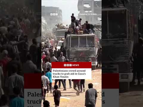Palestinians crowd around trucks to grab aid in Gaza’s Khan Younis. #BBCNews