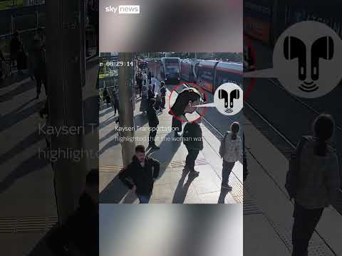 Distracted woman nearly hit by tram in Turkey