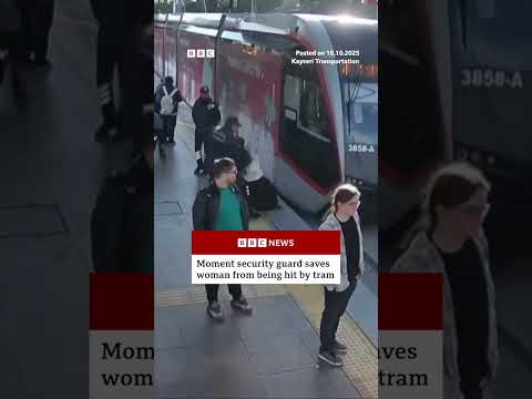 Security guard saves woman from being hit by tram. #Turkey #BBCNews
