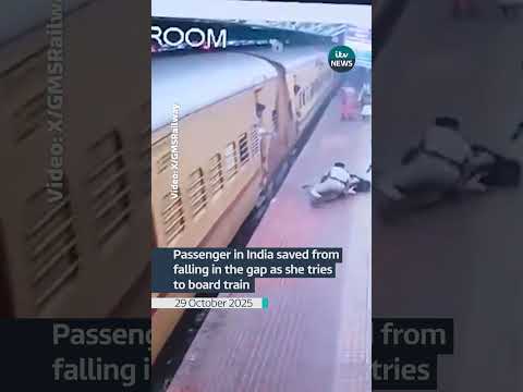 Passenger in India saved from falling in the gap as she tries to board train #itvnews
