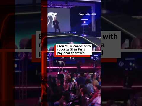 Elon Musk dances with robot as $1tn pay-deal approved by shareholders. #Tesla #ElonMusk #BBCNews
