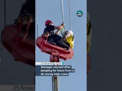 Teenager rescued from 36-storey-high crane after being stuck for seven hours #itvnews #rescue
