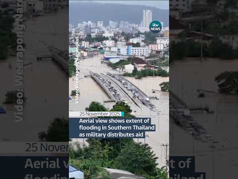 Aerial view shows partially submerged bridge in Southern Thailand, after extensive flooding
