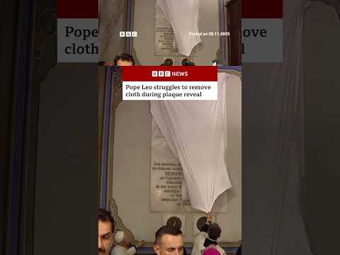 Pope Leo struggles to unveil plaque. #PopeLeo #Turkey #BBCNews