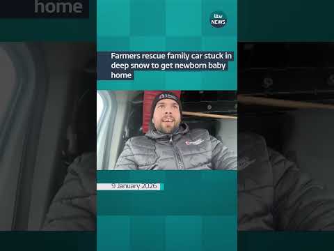Farmers rescue family car stuck in deep snow to get newborn baby home