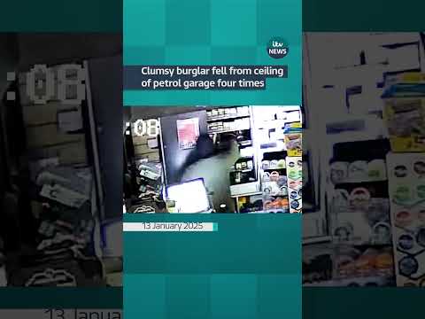 Footage shows clumsy burglar falling from the ceiling four times #itvnews