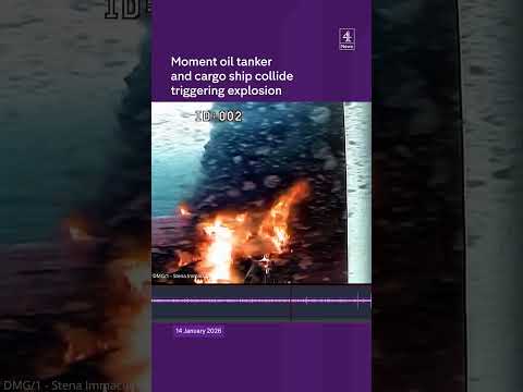 Moment oil tanker and cargo ship collide triggering explosion