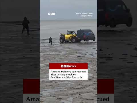 Amazon delivery van rescued after getting ‘stuck on deadliest mudflat footpath’. #BBCNews