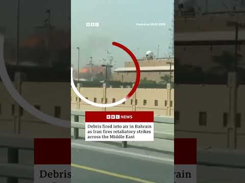 Debris fired into air as video captures moment retaliatory strike from Iran hits Bahrain. #BBCNews