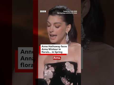 Anne Hathaway faces Anna Wintour in florals… in Spring. #TheDevilWearsPrada #Oscars #BBCNews