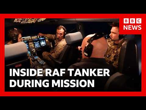 Inside RAF refuelling tanker during mission against Iranian drones | BBC News