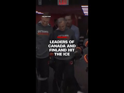 Canada PM Mark Carney and Finland President Stubb play ice hockey