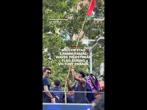 Soccer star Lamine Yamal waves Palestinian flag during victory parade