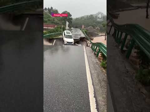 Moment a car is swept away after bridge collapses in China floods