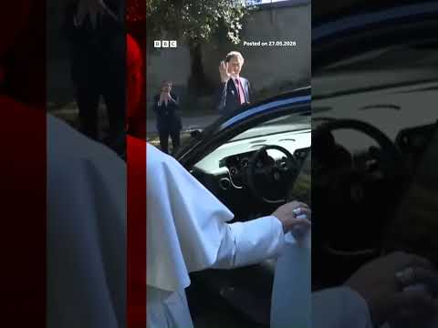 Pope Leo inspects Ferarri’s first fully electric car. #italy  #Pope #Ferrari #BBCNews
